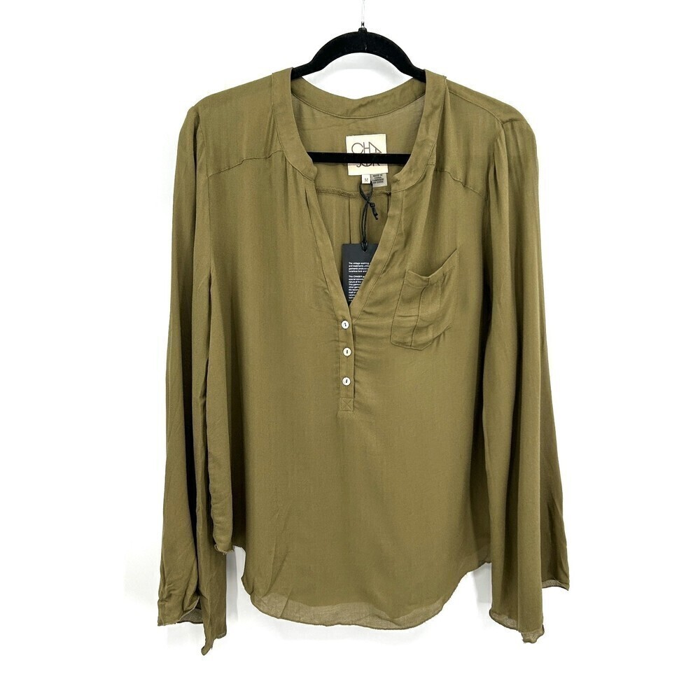 NWT CHASER Green Henley Long Bell Sleeve Pocket Front Blouse Top Size Medium